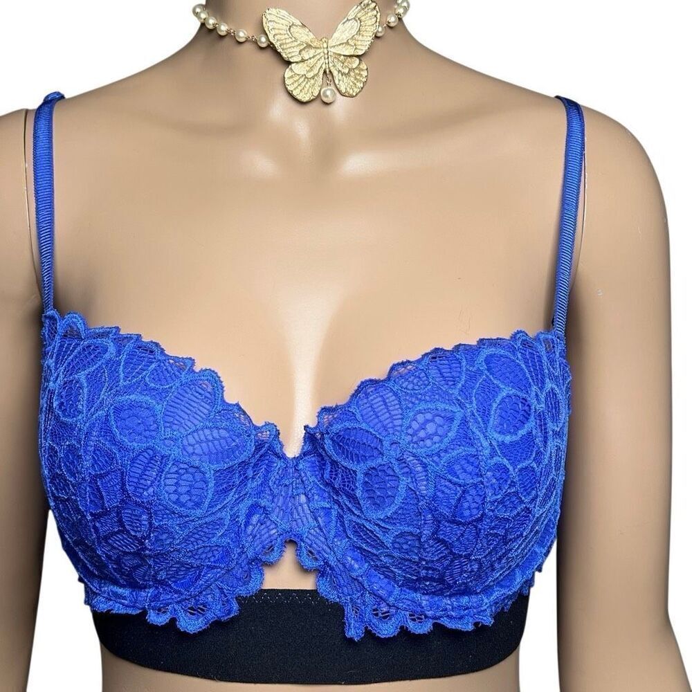 NWT Victoria’s Secret PINK Blue Floral Lace Push Up Bra 34C Black Band Sexy Demi